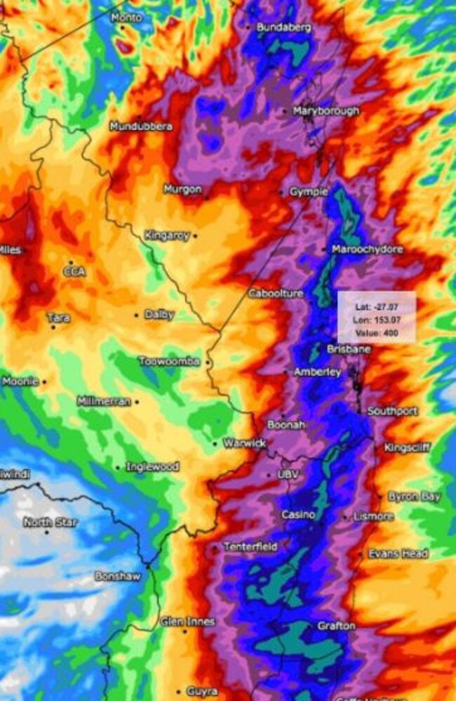 Weather modelling shows predictions of significant rainfall from this morning until 4am tomorrow. Picture: WeatherWatch.net.au
