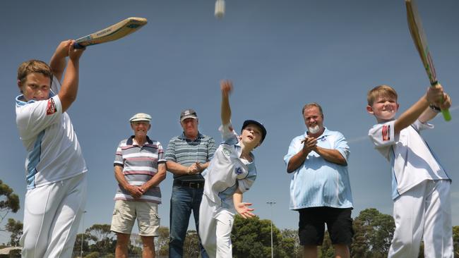 Morphett Vale, SA’s oldest surviving cricket club, is celebrating 170 years since it formed. Past players Ken Magor, Terry O'Sullivan and current president Gavin Collins pictured with juniors Cooper Pearce, 9, Orlando Brinkley, 9, and Max Tuffin, 8. Picture: AAP/Dean Martin