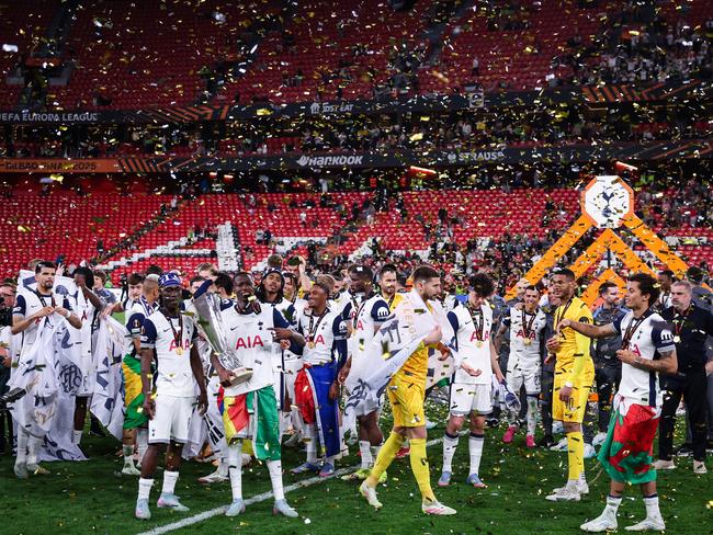Tottenham Hotspur celebrate after their victory on the pitch in Bilbao. Picture: Getty