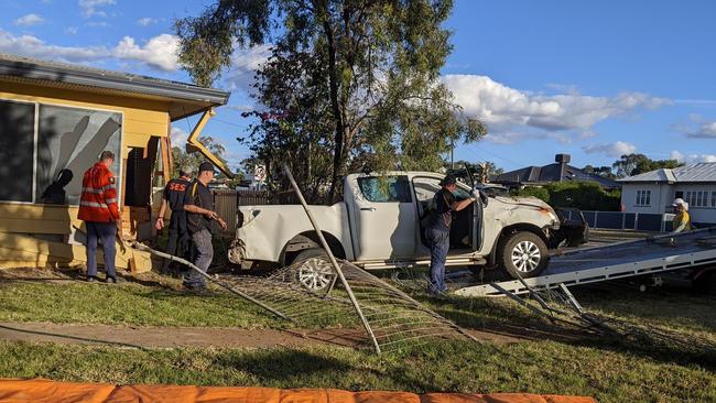 Aftermath of a ute slamming into Donna and William Putt's Roma home on June 19, 2022.
