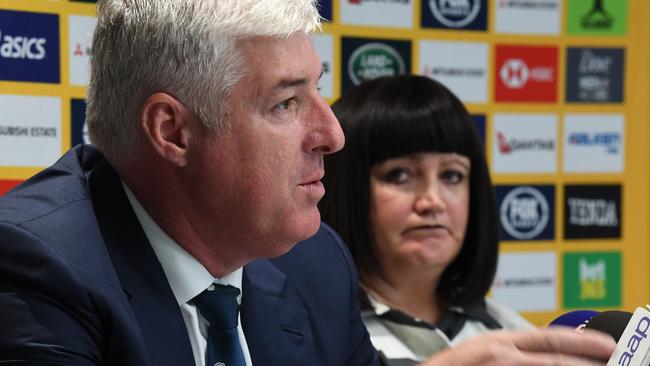 Rugby Australia chairman Cameron Clyne (left) and Chief Executive Raelene Castle speak to the media during a press conference in Sydney. Picture: AAP