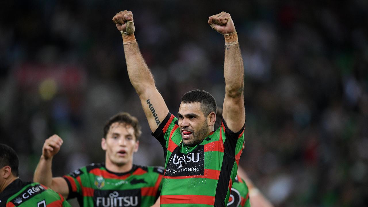 Greg Inglis of the Rabbitohs celebrates following their win over the Dragons in the Second Semi Final between the South Sydney Rabbitohs and the St George-Illawarra Dragons in Week 2 of the NRL Finals Series at ANZ Stadium in Sydney, Saturday, September 15, 2018. (AAP Image/Dan Himbrechts) NO ARCHIVING, EDITORIAL USE ONLY