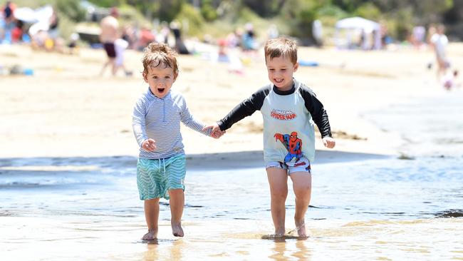 Cousins Finn Sawbridgeworth and Jordan Fackler at Barwon Heads beach. Picture: David Smith.