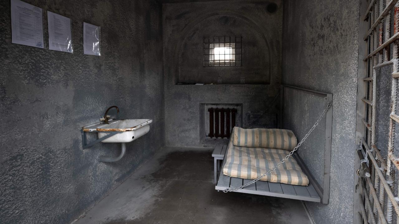 Taken on June 11, this photo shows a life-size replica of the cell in which Mr Navalny is imprisoned and has been installed on the Place des Nations in Geneva. Picture: AFP