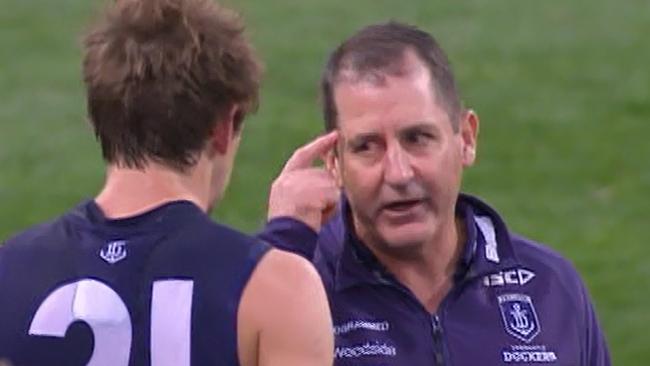 Fremantle Dockers coach Ross Lyon talks to his players after their win over arch rivals West Coast. Picture: Seven News