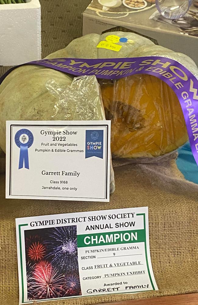 The Garrett family took home Grand Champion for their prized pumpkin on day two of the Gympie show.