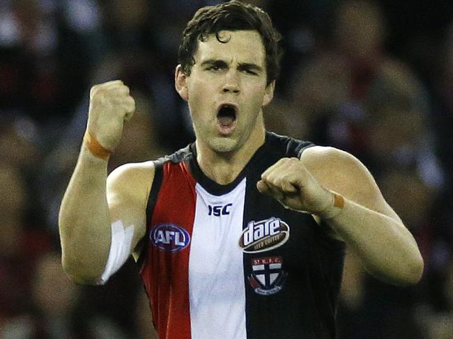 AFL: Round 9 St Kilda V Essendon at Etihad Stadium, 22nd of May, Melbourne Australia. St Kilda's Paddy McCartin goal in the third quarter. Picture : George Salpigtidis