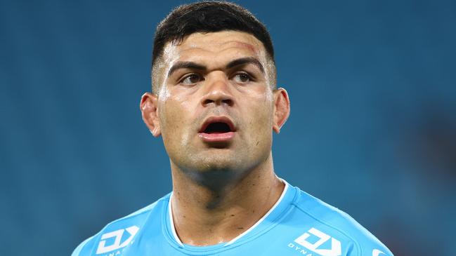 GOLD COAST, AUSTRALIA - MARCH 30: David Fifita of the Titans looks on during the round four NRL match between Gold Coast Titans and Dolphins at Cbus Super Stadium, on March 30, 2024, in Gold Coast, Australia. (Photo by Chris Hyde/Getty Images)