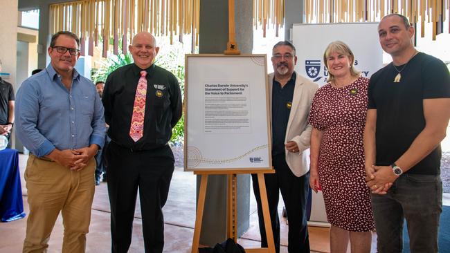 The statement was signed on Monday with Solomon MP Luke Gosling, Vice-Chancellor Scott Bowman, Deputy Vice-Chancellor Reuben Bolt, Education Minister Eva Lawler and author Thomas Mayo in attendance. Picture: Alayna Hansen / Charles Darwin University