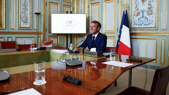 France's President Emmanuel Macron takes part in the virtual G7 summit. Picture: AFP