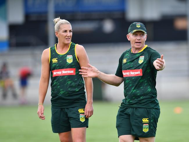 Ali Brigginshaw (left) and Jillaroos coach Brad Donald (right). Picture: AAP Image/Darren England