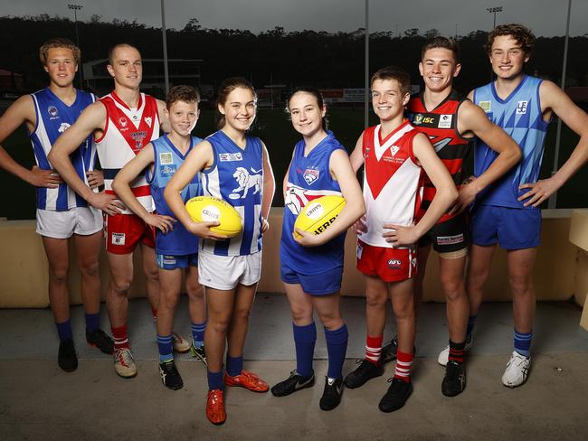 Captains from STJFL finals teams who will be playing in grand finals this weekend LR Sandy Bay's Louis Smith, 15, Clarence's Connor Ryan, 16, Lindisfarne's Archie Devine, 12, Sandy Bay's Lucy Groom, 13, Claremont's Sarah Midgley, 13, Clarence's Lochie Davey, 13, Lauderdale's Fletcher Hooker, 16 and Lindisfarne's Flynn Read, 15. (correct spelling) Picture: Zak Simmonds