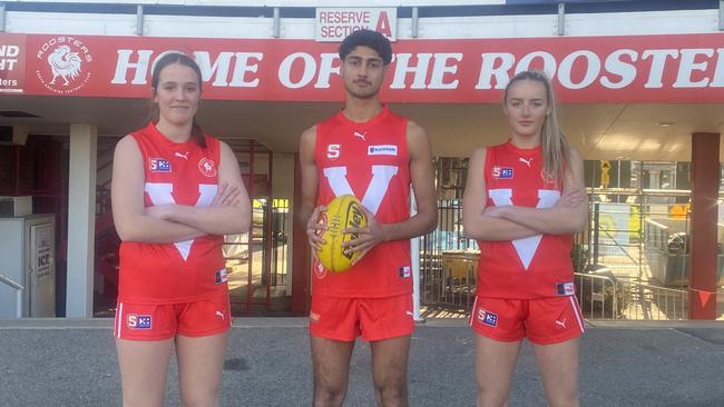 North Adelaide's Polly Turner (U14 girls), Ayman Ismail (U15 boys), Amalie Innes (U16 girls) at Prospect Oval ahead of their SANFL Development Leagues matches against Norwood, which will be live streamed by KommunityTV. Picture: North Adelaide Football Club