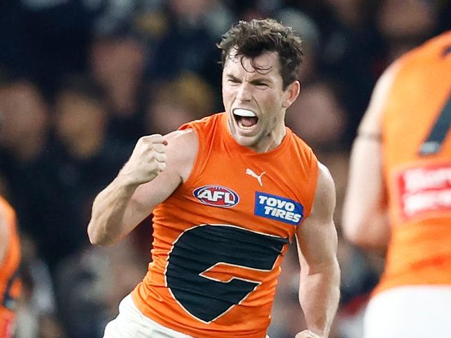 MELBOURNE, AUSTRALIA - AUGUST 27: Brent Daniels of the Giants celebrates a goal during the 2023 AFL Round 24 match between the Carlton Blues and the GWS GIANTS at Marvel Stadium on August 27, 2023 in Melbourne, Australia. (Photo by Michael Willson/AFL Photos via Getty Images)