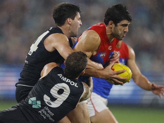 Cripps and Newman barely held back a rampaging Christian Petracca late. Pic: Michael Klein