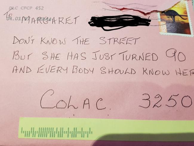 Greeting card: This birthday message was delivered to Margaret in time for her 90th birthday, thanks to a Colac postie.