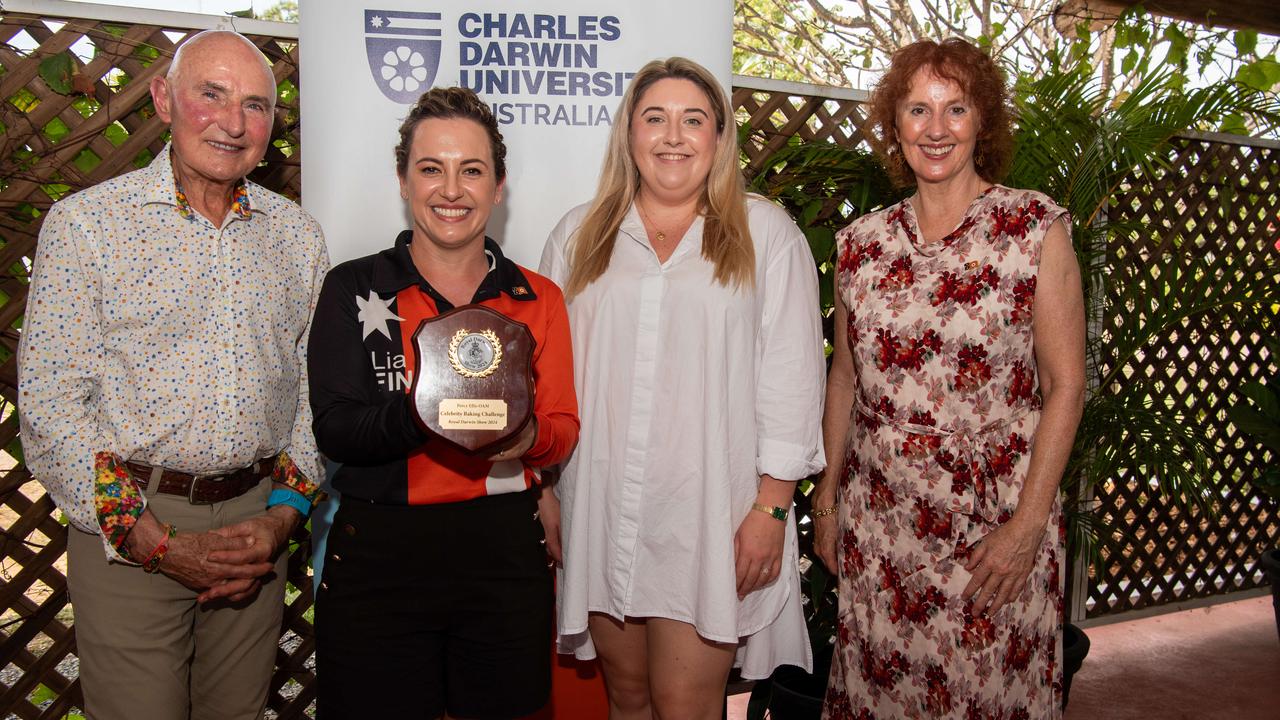 His Honour Professor the Honourable Hugh Heggie AO PSM, Winner Lia Finocchiaro, Melanie Plane NT News Editor and Ms Ruth Eirwen Jones during the 2024 Royal Darwin Show bake off. Picture: Pema Tamang Pakhrin