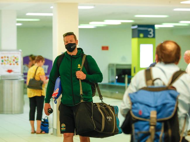 Aaron Marjoram won't have to quarantine as QF842 from Brisbane arrives.Picture GLENN CAMPBELL