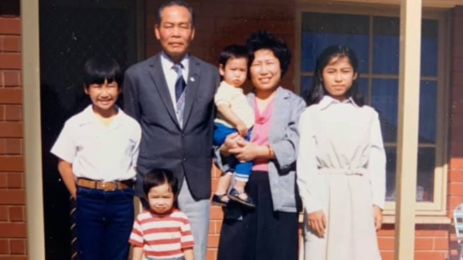 Ngon Ha, her late husband Van Manh Nguyen, and their children Michelle, Tien, David and Peter at Pooraka in April 1987. Source: Ngon Ha