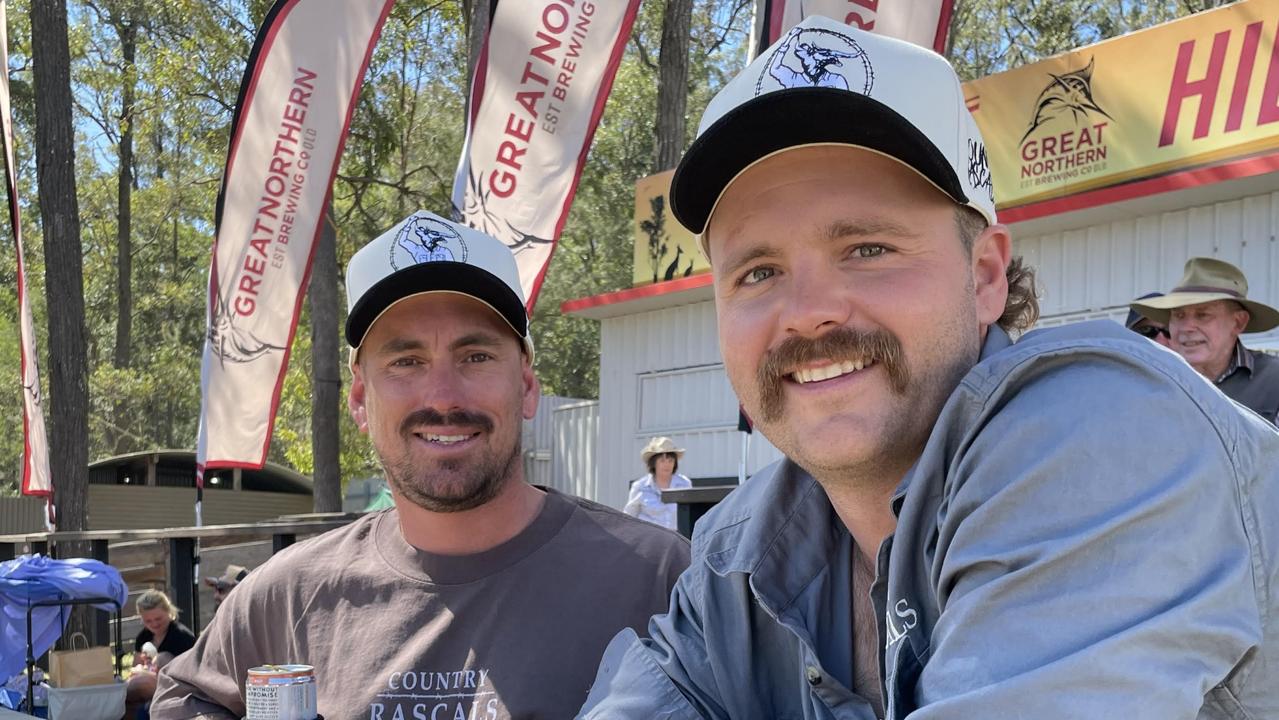 Luke Reilly and Mitchell Camm, from Charters Towers and the Gold Coast, enjoy day one of the 2024 Gympie Muster, at the Amamoor State Forest on August 22, 2024.