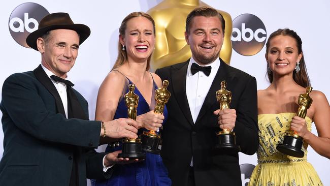 Best Actor of 2016 Dicaprio seen posing with fellow winners (Left to Right) - Best Supporting Actor Mark Rylance, Best Actress Brie Larson, Leonardo DiCaprio and Best Supporting Actress Alicia Vikander. Picture: Robyn Beck/AFP