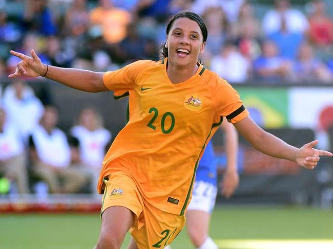 An utterly superb performance was capped when Australia’s golden girl Sam Kerr controlled Tameka Butt’s cross superbly on her chest, muscling past a couple of defenders before firing it in with her left foot to make it 6-1.Matildas V Brazil - matildas football australia