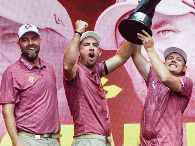 (L-R) Australia's Marc Leishman, Lucas Herbert, Cameron Smith, and Matt Jones of Ripper GC celebrate winning the team competition after the final round of LIV Golf Adelaide at the Grange Golf Club in Adelaide on April 28, 2024. (Photo by Brenton Edwards / AFP) / -- IMAGE RESTRICTED TO EDITORIAL USE - STRICTLY NO COMMERCIAL USE --