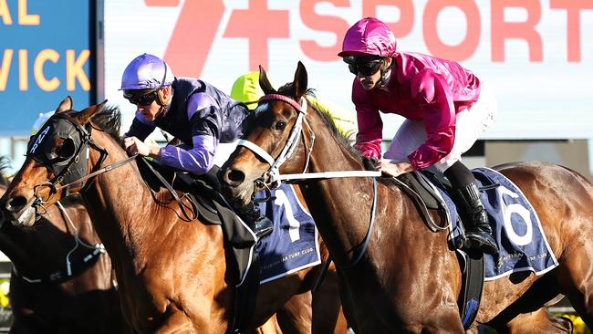 SYDNEY, AUSTRALIA - SEPTEMBER 21: James McDonald riding Fangirl wins Race 8 7+ Sport Stakes during "Sydney Surf To Turf Day" - Sydney Racing at Royal Randwick Racecourse on September 21, 2024 in Sydney, Australia. (Photo by Jeremy Ng/Getty Images)