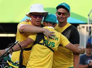 RIO DE JANEIRO, BRAZIL - AUGUST 06:  (L-R) Ryan Tyack, Taylor Worth and Alec Potts of Australia celebrate beating China during the Men's Team Third Place match on Day 1 of the Rio 2016 Olympic Games at the Sambodromo on August 6, 2016 in Rio de Janeiro, Brazil.  (Photo by Paul Gilham/Getty Images). Picture: Paul Gilham