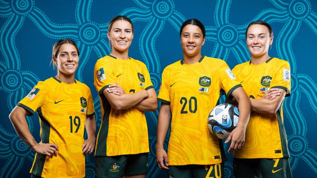 (L-R) Katrina Gorry, Steph Catley, Sam Kerr and Caitlin Foord of Australia pose for a portrait during FIFA Women's World Cup. (Photo by Chris Hyde - FIFA/FIFA via Getty Images)