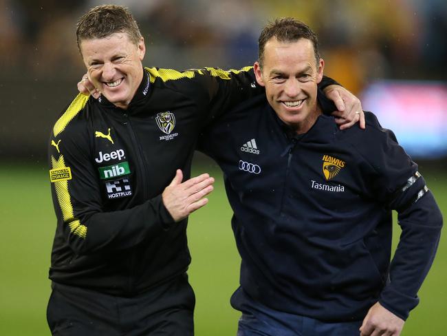 AFL First Qualifying Final. 06/09/2018. Richmond v Hawthorn at the MCG, Melbourne.  Richmond coach Damien Hardwick and Hawthorn coach Alastair Clarkson share a laugh minutes before the opening bounce   . Pic: Michael Klein