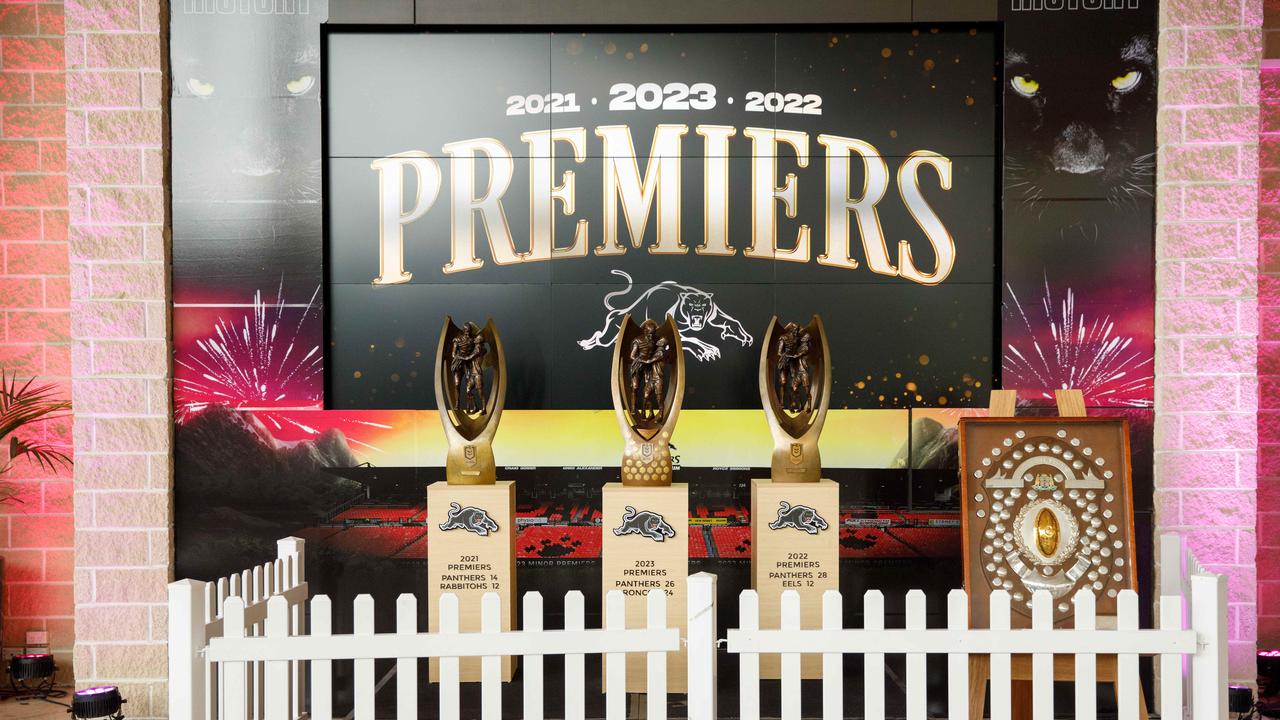 A display of the club’s three 2021-2023 NRL premiership trophies in the club foyer. Picture: Max Mason-Hubers
