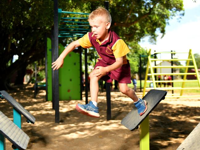 Hermit Park State School have a new Ninja Warrior playground. Student Lachlan Goldburg 6. Picture: Alix Sweeney