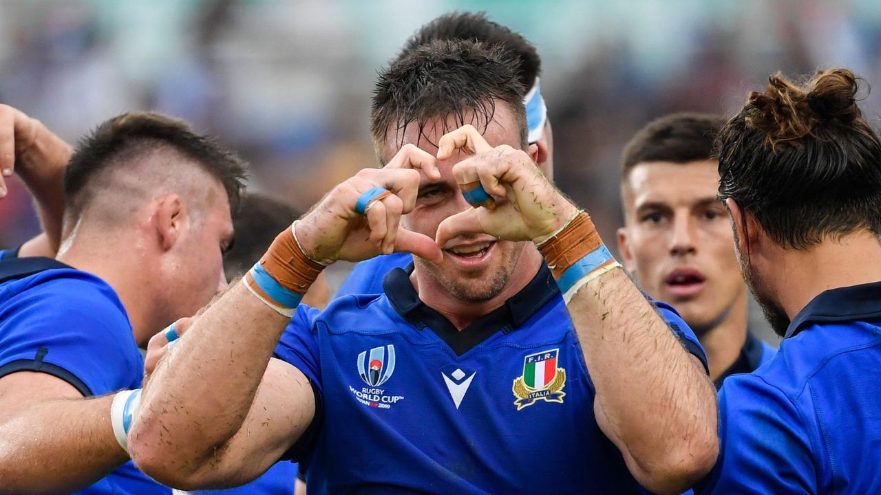 Italy's South African-born No.8 Braam Steyn celebrates a try against Canada. Picture: AFP