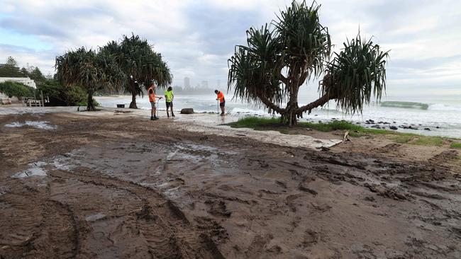 The muddy scene at Burleigh after wet weather during the Bonsoy Gold Coast Pro. Picture: Annette Dew.