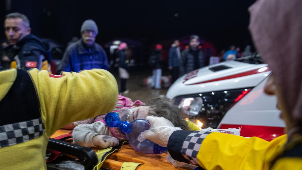 A baby injured in the earthquake is taken to hospital in Iskenderun, Turkey. Picture: Burak Kara/Getty Images