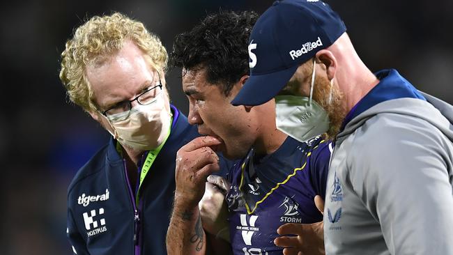 Jahrome Hughes checks his mouth after being hit high on Thursday night. Picture: Albert Perez/Getty Images