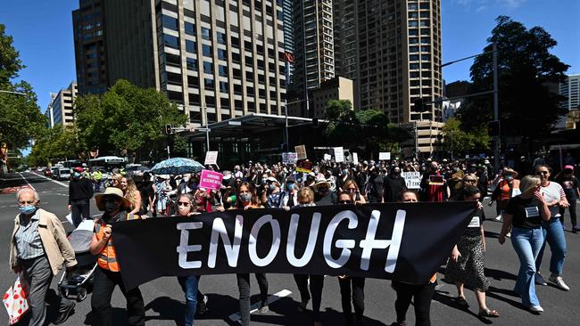 Protesters attend a rally against sexual violence and gender inequality in Sydney this month.