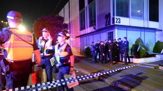 Police investigate after the shooting at Melbourne Pavilion. Picture: Lawrence Pinder