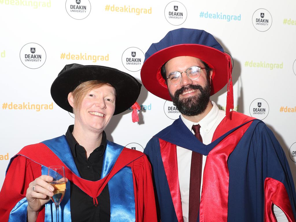 Dr Susanna Venn and Dr Jeronimo Vazquez. Deakin University graduation arts and SEBE faculty. Picture: Alan Barber