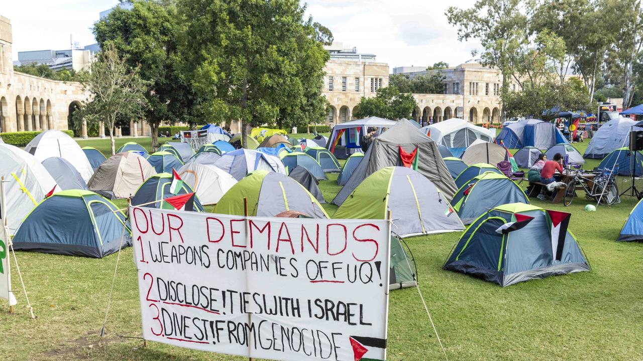 Pro-Palestine supporters and Jewish students have established separate campsites at the University of Queensland St Lucia campus, Wednesday, May 8, 2024 – Picture: Richard Walker