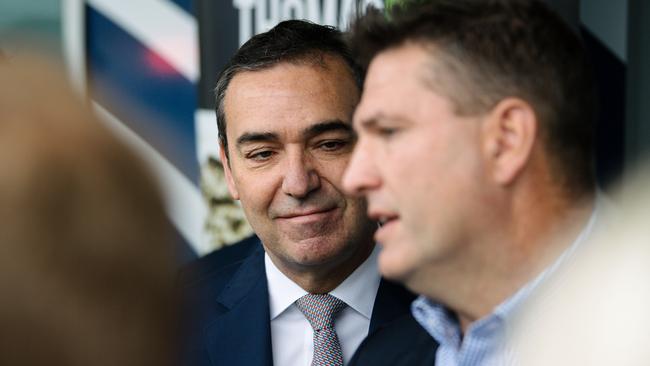 SA Premier Steven Marshall and Thomas Foods CEO Darren Thomas announcing the new abattoir on Thursday. Picture: AAP / Morgan Sette