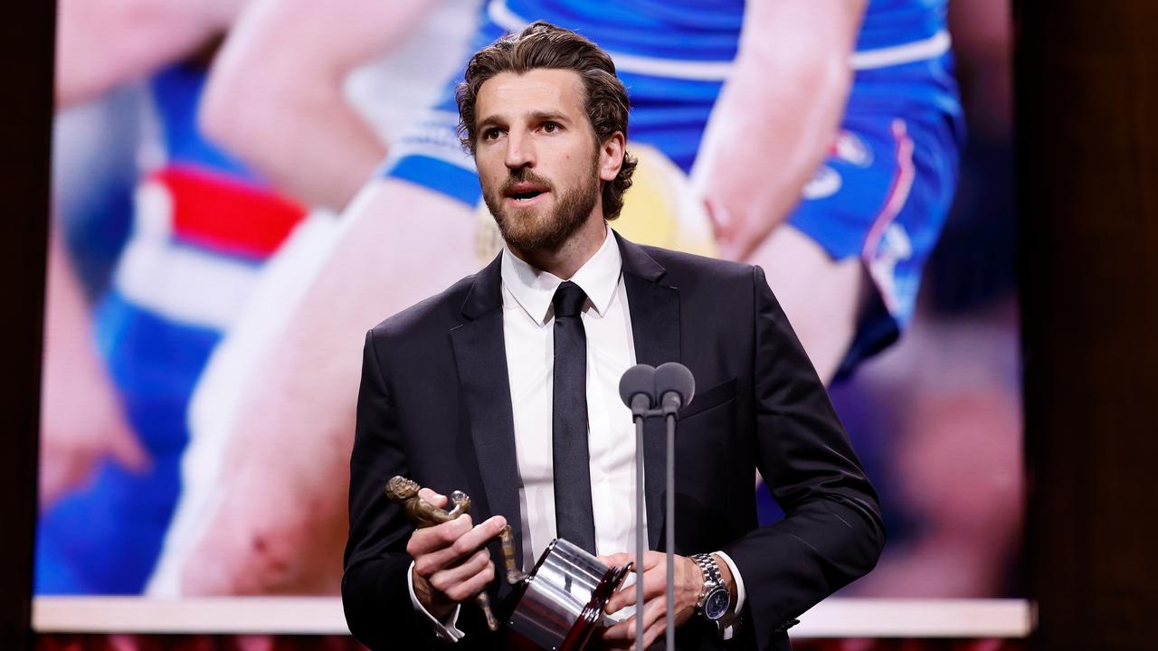 Marcus Bontempelli of the Western Bulldogs is seen after winning the AFLPA MVP award. Picture: Dylan Burns/AFL Photos via Getty Images