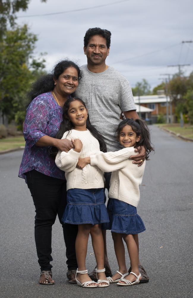 The Nadesalingam family, Priya and Nades Nadesalingam, along with their daughters Kopika, 7, and Tharnicaa, 5, in Biloela. Picture: Russell Shakespeare