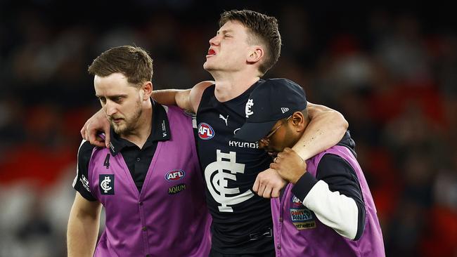 Sam Walsh after hurting his injury in 2022. Picture: Daniel Pockett/Getty Images