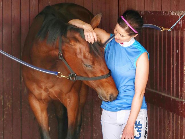 Michelle Payne with her young filly Queen Of Zealand, who will make her Australian debut at Warrnambool on Sunday. Picture: Colleen Petch