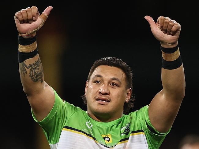 SYDNEY, AUSTRALIA - JULY 16: Josh Papalii and Charnze Nicoll-Klokstad of the Raiders wave to fans after the Raiders defeated the Roosters during the round 10 NRL match between the Sydney Roosters and the Canberra Raiders at the Sydney Cricket Ground on July 16, 2020 in Sydney, Australia. (Photo by Cameron Spencer/Getty Images)