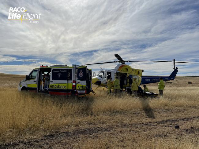 A man has been airlifted to a Brisbane Hospital after he was involved in a crash west of Gympie earlier today. Photos: RACQ Lifeflight Media