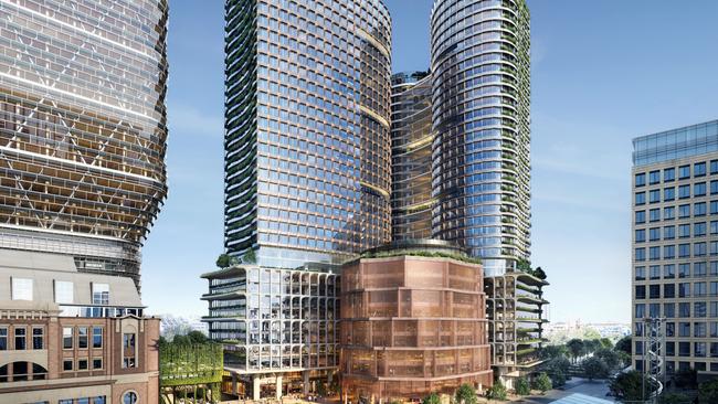 An artist’s impression of Atlassian’s new headquarters, left, and Central Place Sydney.