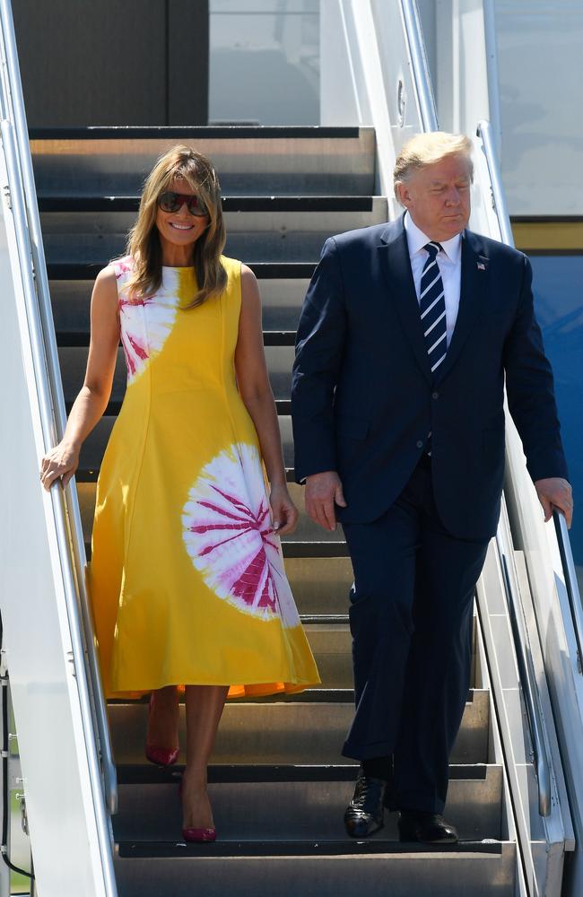 US President Donald Trump and his wife US First Lady Melania Trump disembark from an airplane upon landing at the Biarritz Pays Basque Airport in Biarritz, south-west France. Picture: AFP